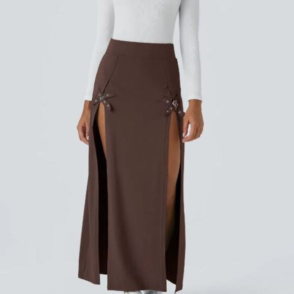 Halara Brand NWT Brown Size XL High Waisted Decorative Buckle Split Maxi Skirt - Picture 1 of 6